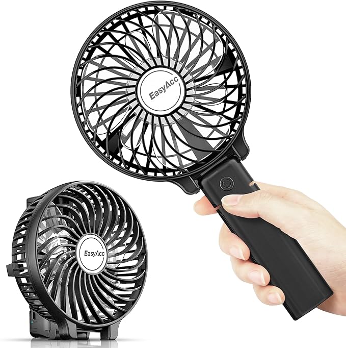 EasyAcc Handheld Fan Portable Rechargeable, Ultra Quiet &180° Foldable & Up 10 Hours & 3 Speeds Powered Personal Battery Foldable Adjustable Fan Home Travel Outdoor Office Black