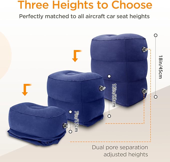 HOMCA Inflatable Travel Foot Rest Pillow (2-Pack) Adjustable Height Leg Pillow Fast Inflating Airplane Bed for Toddlers Footrest Pillow for Office, Airplane, Train, Cars, Home (Blue)
