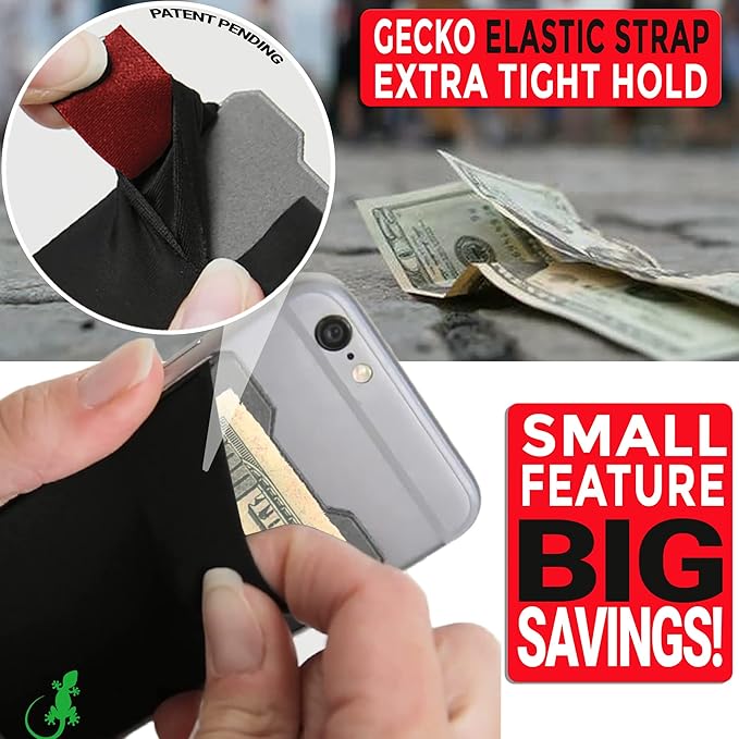 Phone Wallet - Adhesive Card Holder - Cell Phone Pouch - Stick on Lycra Pocket by Gecko - Carry Credit Cards and Cash
