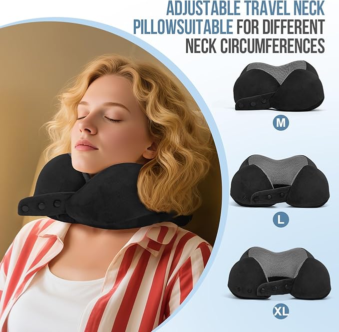 Travel Neck Pillows for Airplanes Memory Foam Neck Pillow for Traveling Adjustable Travel Pillow for Sleeping, Airplane,Train, Car with Eye Mask, Earplugs, Carry Bag
