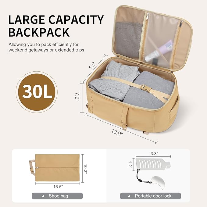 Carry on Travel Backpack, Flight Approved Personal Item Bag for Men Women, Door Lock, USB A/C Port, Shoe Bag, Fits 16" Laptop, Khaki