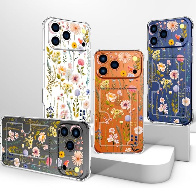Compatible with iPhone 17 Pro Max Case Card Holder for Women Cute Design,Wallet Phone Cases Transparent Cool Kawaii Protective (Clear Watercolor Floral)
