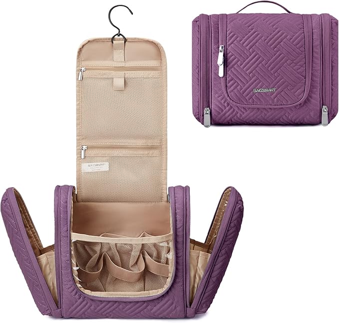 BAGSMART Large Travel Toiletry Bag for Women, Hanging Toiletry Bag with Hook, Travel Cosmetic Makeup Bag Travel Organizer for Accessories, Shampoo, Full Sized Container, Toiletries,Purple-Large