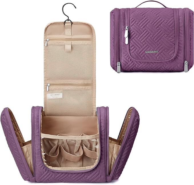 BAGSMART Atlas Travel Toiletry Bag for Women, Hanging Toiletry Bag with Hook, Travel Cosmetic Makeup Bag Travel Organizer for Accessories, Shampoo, Full Sized Container, Toiletries,Purple-Medium