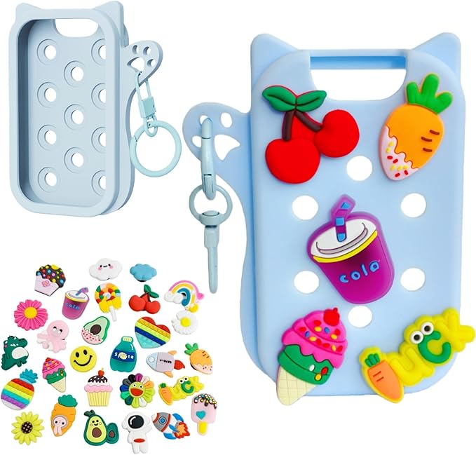 Hand Sanitizer Case with 30 Charms for Touchland, Compatible with Power Mist 1 FL Oz/30ML, Croc-Style Touchland Holder (Blue Case Food Charms)