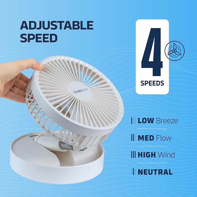 NEXAIR Premium 8" Foldable 4 Speed Portable Fan with Adjustable Height 14” – 39.5 in, Rechargeable Folding Fan For Home And Office, Quiet Floor Fan For Bedroom, Battery Operated Fan For Travel