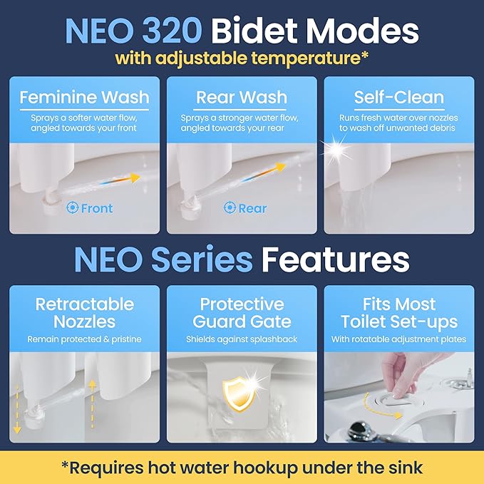 LUXE Bidet NEO 320 - Warm Water, Dual Nozzle, Self-Cleaning, Non-Electric Bidet Attachment for Toilet Seat, Adjustable Water Pressure, Rear & Feminine Wash (White)