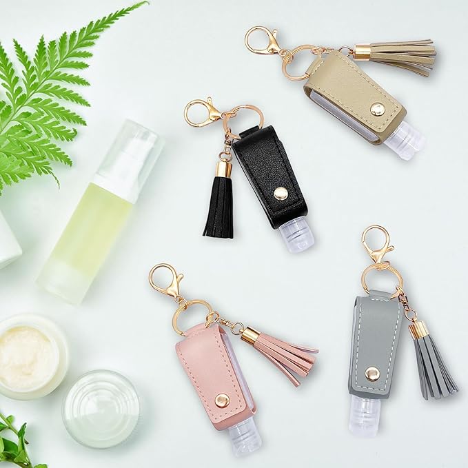 4 Pack Portable Travel Hand Sanitizer Keychain Holder with Funnel, Small Leather Empty Travel Size, 30ml Mini Hand Sanitizer with Refillable Bottle for Toiletry Shampoo Lotion Liquid Soap