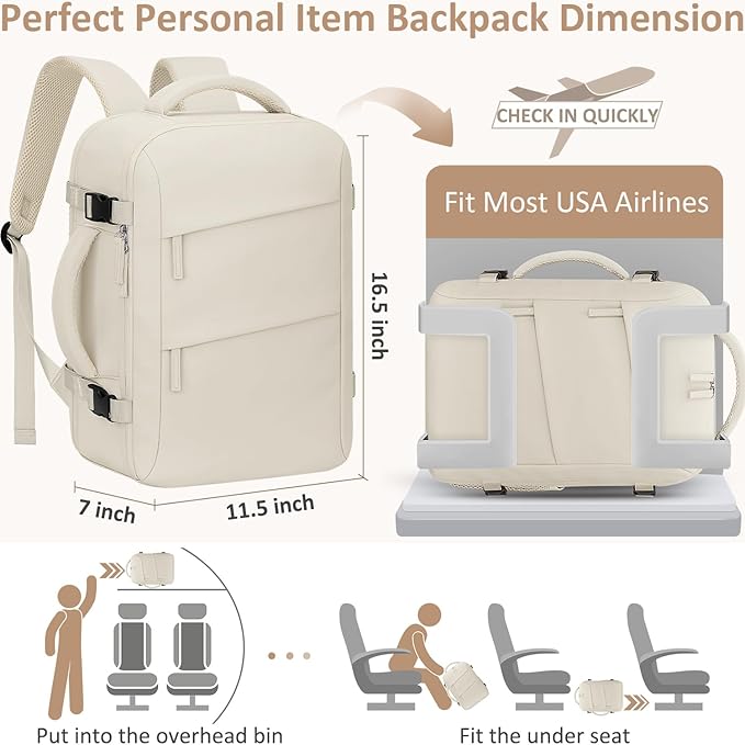 Tenot Carry on Backpack for Women TSA Approved 15.6 Inch Travel Laptop Backpack for Women Travel Essentials Foldable Womens Travel Backpack Suitcase Beige
