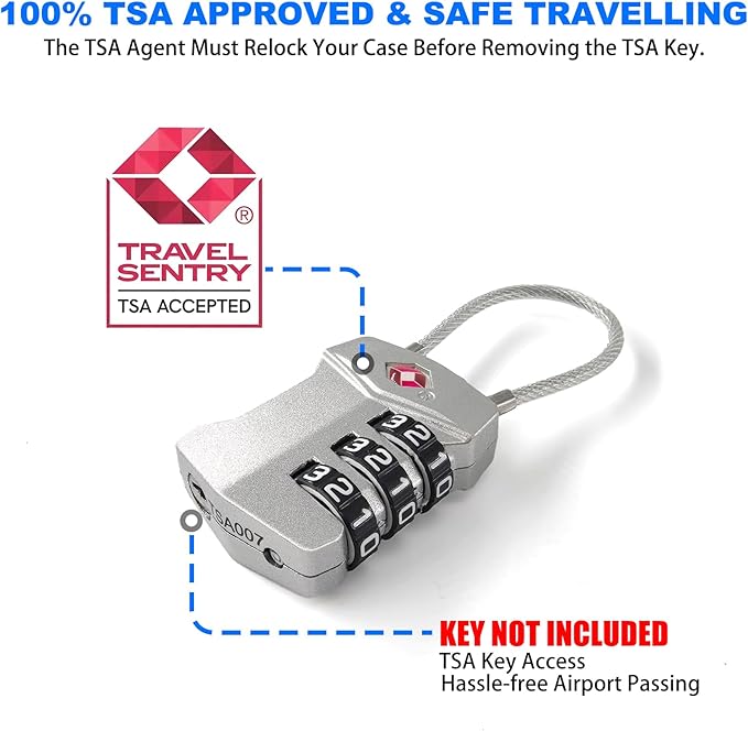 4 Pack TSA Approved Travel Luggage Locks, 3 Digit Combination Cable Padlock, Weatherproof Reset Code Lock with Cut-Resistant Alloy Steel Cable for Suitcases Backpacks Gym Locker Golf Bags - Keyless