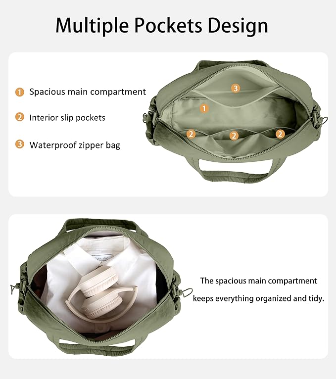 Lightweight Travel Duffle Bag for Women, Quilted Puffy Weekender with Wet Pocket for Gym, Overnight, Personal Item Carry On, Green