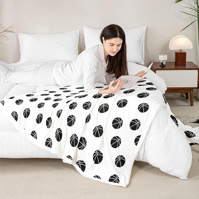 Basketball Kids Throw Blanket,Ball Sports Games Bed Blanket for Girls Boys Adults,Ball Simple Style Fashion Fleece Blanket,Black White Chic Fuzzy Blanket,Baby Size (30 x 39 Inches)