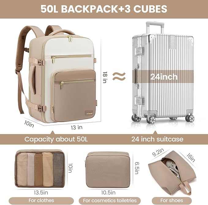 LOVEVOOK Travel Backpack For Women,50L Carry On Backpack Flight Approved,TSA Personal Item Travel Bag Fits 18 Inch Laptop,Business Weekender Overnight Daypack with Toiletry Bag and Cubes