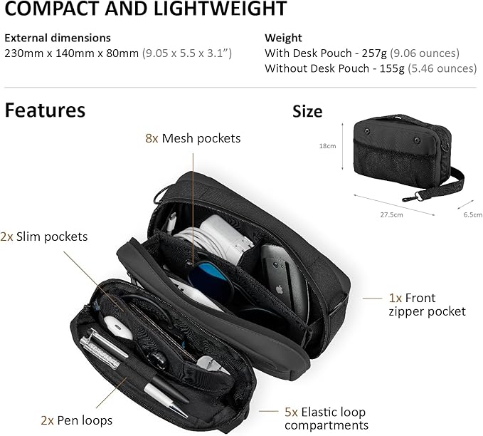 Travel Organizer Pouch Electronic Accessories Carry Case Waterproof Double Layers All-in-One for Cord, Phone, Airpods, USB Flash Drive for Men Women, Portable Charger Organizer (Black)