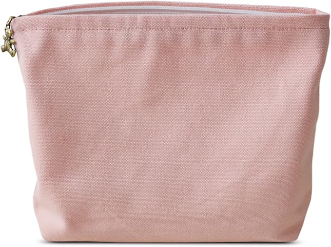 HAPPYHEIDI Canvas Pouch for Travel, Cosmetic Case, Solid Pink, Cotton Blend, Zipper Closure, 7.1x2.4x7 Inches