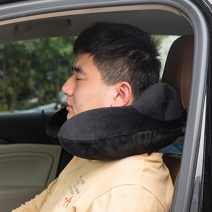 Inflatable Travel Pillow, Neck Pillow Support for Traveling, Airplanes, Cars, and Offices with Compact Carrying Bag, Soft Velvet Washable Cover, Ideal for Adult Sleepers (Black)