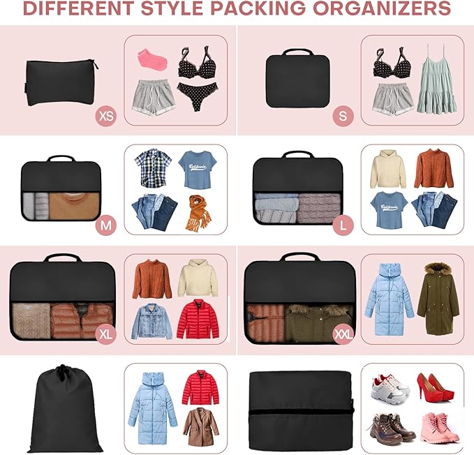 SDGFUI 8 PCS Compression Packing Cubes for Travel Women, Compression Organizer for Luggage Space Saving Travel Essentials and Carry on, Luggage Organizer Bags for Suitcase - Black