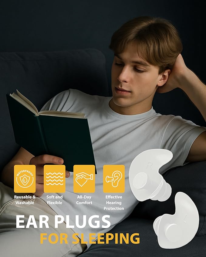 Earplugs for Sleeping Noise Cancelling, Reusable & Washable Ear Plugs, Super Soft Silicone Ear Plug, Noise Reduction Ear Plugs with Custom Case for Sleeping, Swimming, Snoring, Concerts, Work - White