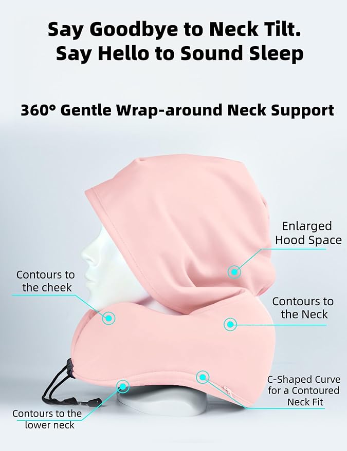 Travel Neck Pillow with Extra Large Hood Rollable Airplane Hooded Neck Pillow with Memory Foam Filling and Removable, Skin-Friendly Cover with a Carrying Case & Pouch (Velvet)