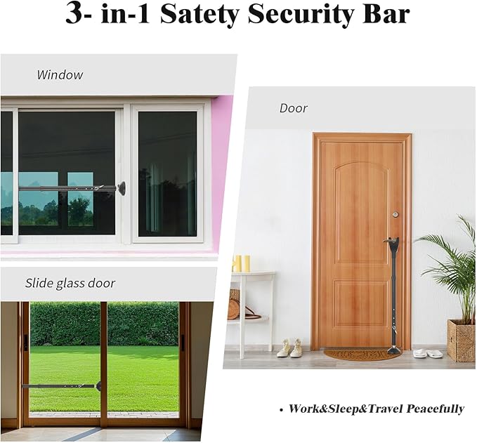 2 Pack Door Stoppers Security Bar, Heavy Duty Sliding Door Lock, Adjustable 21"-49" Safety bar for Sliding Glass, Hinged Doors, Window & Patio, Door Jammer for Home, Apartment, Hotel, Travel (Black)