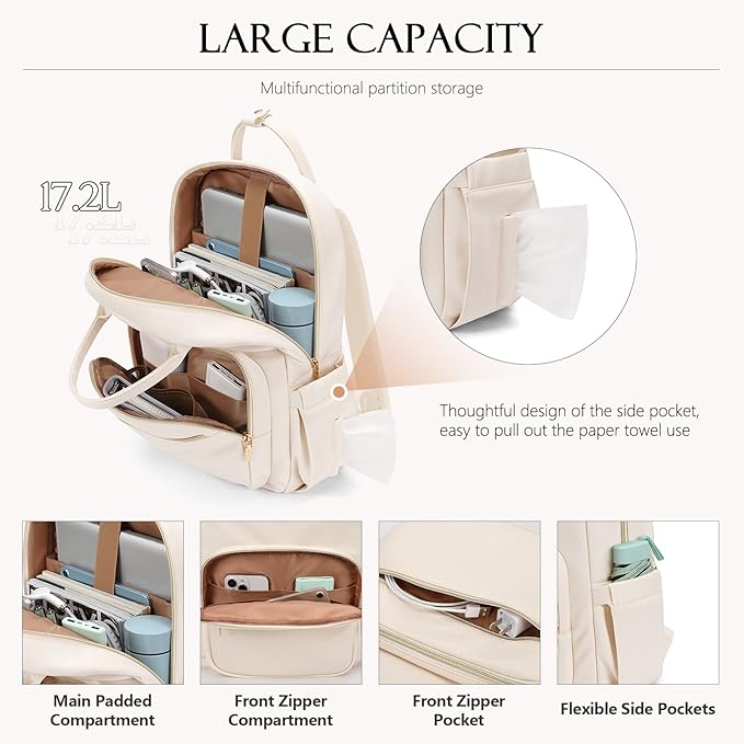 MDODO Laptop Backpack Women,16Inch Teacher Laptop Bag Backpack with Laptop Compartment Waterproof Carry on Daypack Backpack for Work,College,Travel,Trip,Nurse, Beige