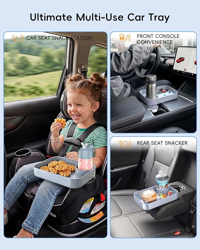 Toddler Car Seat Snack Tray - 3 Inch Cup Holder with Dip Well Fits Most Sippy Cups & Straw Bottles, Mess-Free Square Kids Travel Tray Road Trip Essentials, Grey