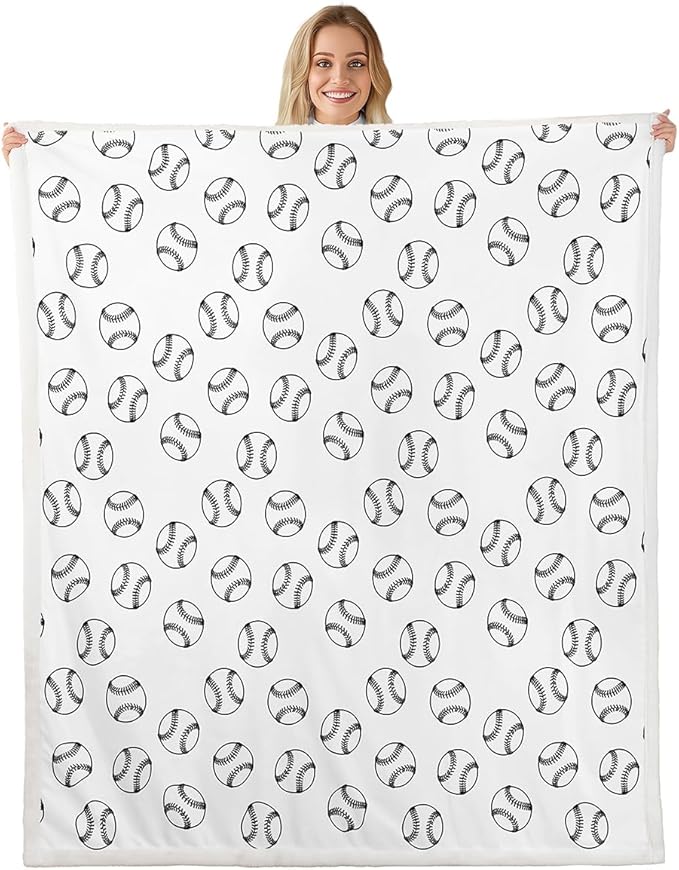 Baseball Kids Throw Blanket,Ball Sports Games Competition Bed Blanket for Girls Boys Adults,Simple Style Fashion Fleece Blanket,Black White Chic Fuzzy Blanket,Queen Size (90 x 90 Inches)