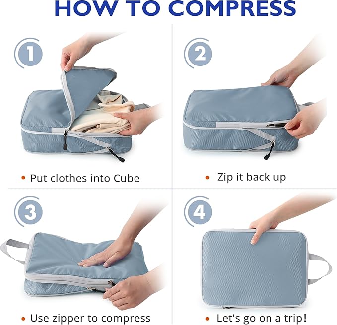 Compression Packing Cubes, 8 Set Packing Cubes for Travel Compression, Lightweight Compressible Package Organizer for Carry On and Suitcases, Lake Blue and Grey