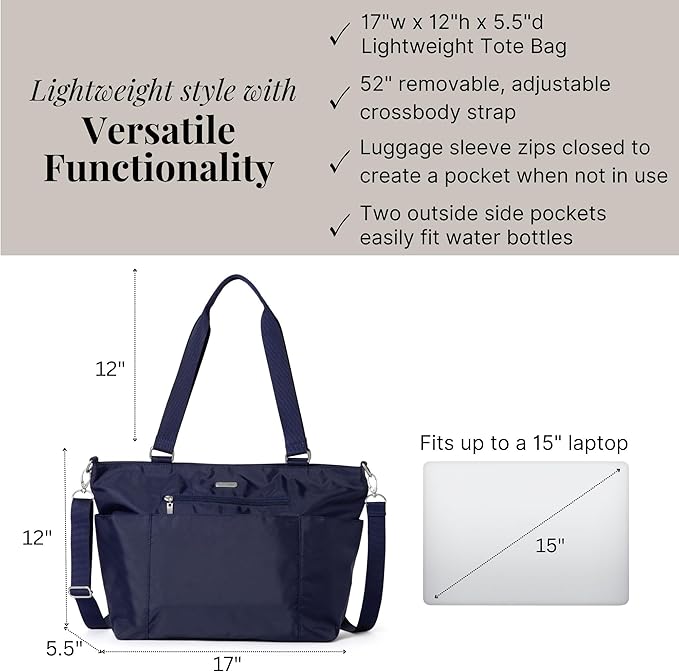 Baggallini Essential Laptop Tote - Work Tote Bag with Laptop Sleeve - Lightweight Travel Crossbody Shoulder Bag for Women
