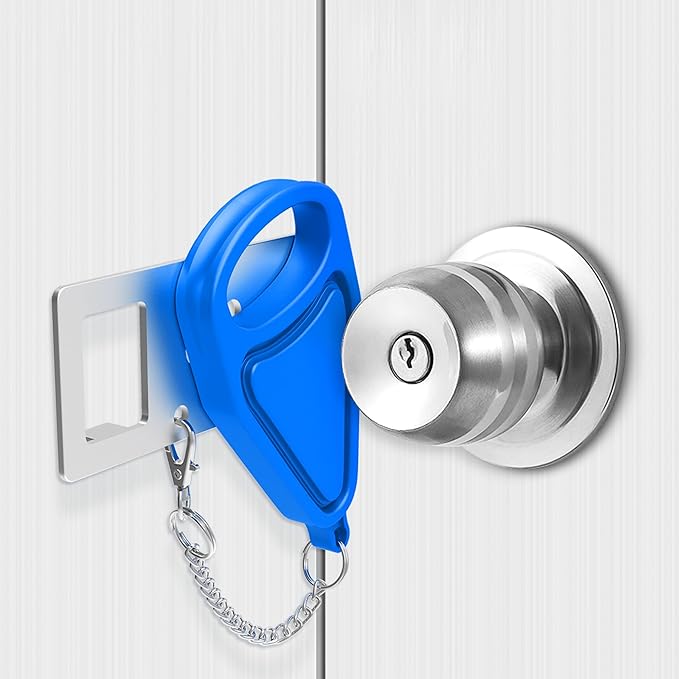 Portable Travel Door Lock Blue of 2 Pieces, Lockdown Securing Doors from Inside, Simple Effective Reliable for Hotel and Apartment Doors, Suitable for Family Trip