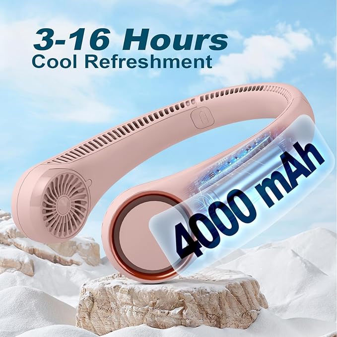 CIVPOWER Neck Fan: Portable Personal Neck Cooling Rechargeable Bladeless Fan - Hands Free 3 Speed 4000 mAh Battery USB Operated Wearable Headphone Design - Gift for Men Women Outdoor (Pink)