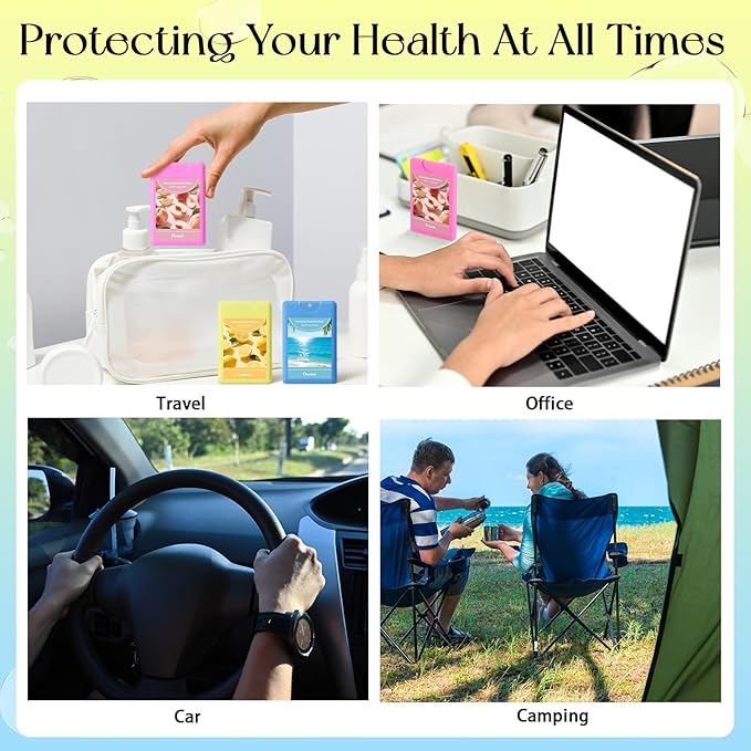 Set of 3 Power Mist Hydrating Hand Sanitizer Spray Bulk Travel Size Refreshing Hand Sanitizer 0.67 Fl. oz Compact Card Spray Bottle Peach Lemon Ocean Scent for Summer Party Favors Family Gifts