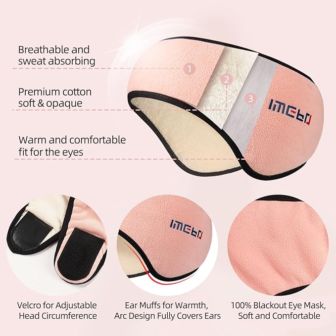 Plush Sleep Mask - Adjustable Headband, 2 in 1 Eye & Ear Mask for Men & Women, Soft Eye Cover for Side Sleepers (Pink)