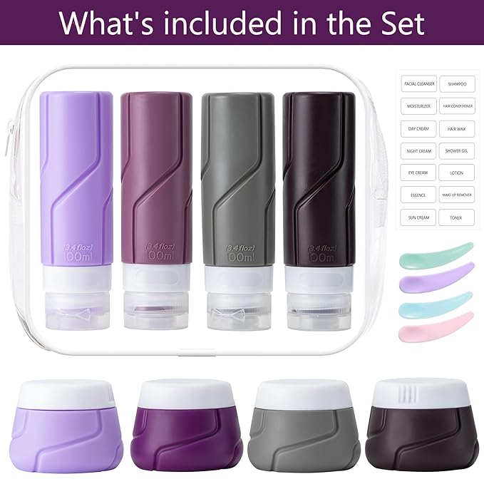 CADONO Travel Bottles for Toiletries 15 Pack, TSA Approved Travel Size Containers 3oz, LeakProof Silicone Squeezable Creams Jars, Refillable Toiletry Bottles for Shampoo, Conditioner (Purple)