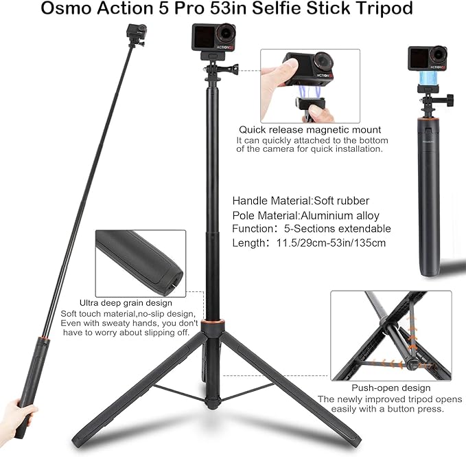PellKing Accessories Kit for DJI Osmo Action 5pro/4/3,Carrying Case with Belt 135cm Selfie Stick Tripod Waterproof Housing Floating Handle Grip Magnetic Handlebar Mount Qucik Release4 in 1 Body Mount