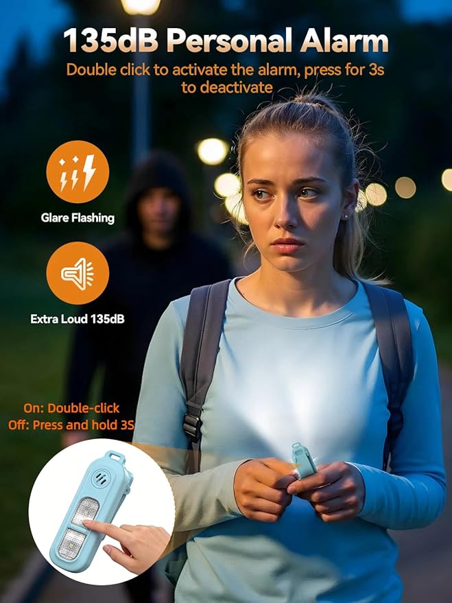 TECKNET Personal Safety Alarm 135dB with SOS Strobe Light for Women - Rechargeable& IPX4 Waterproof Running Lights with Clip On Torch & Low Battery Notice, Safety Siren for Running, Travel Kids, Blue