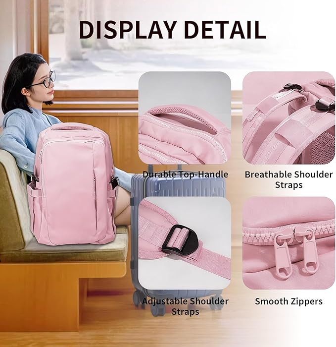Travel Backpack for Women Men Carry on Backpack, Airline Approved Large Travel Bag Flight Approved Personal item, 15.6 Inch Laptop Backpack Casual Daypack for Weekender Business Hiking-PINK