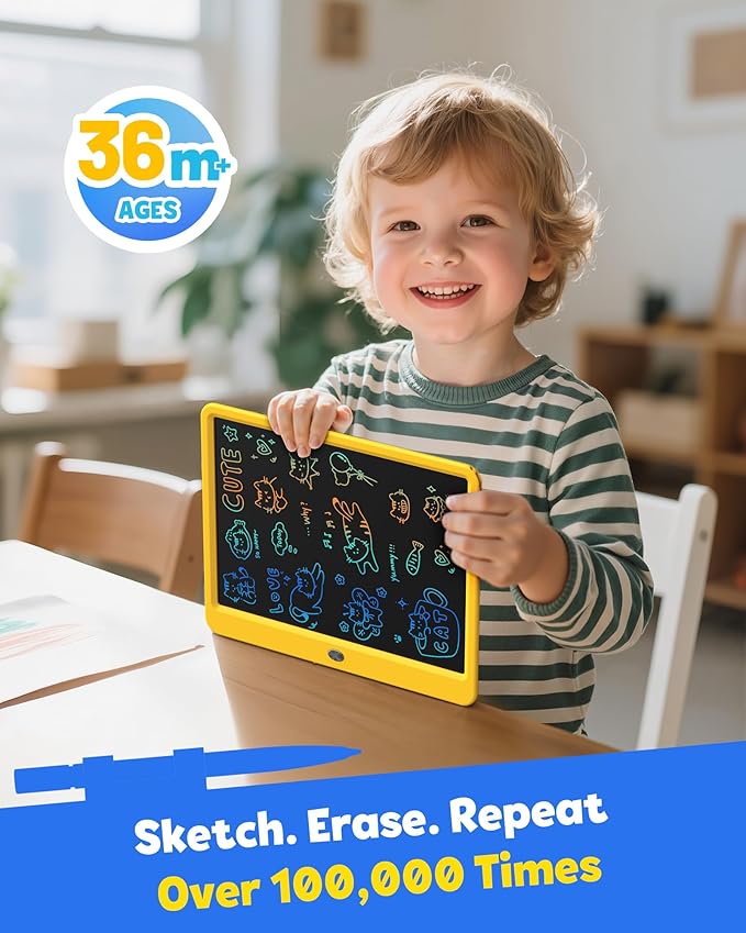 TEKFUN 12 Inch LCD Writing Tablet for Kids, Coloring Drawing Pad, Mess Free Doodle Board, Airplane Travel Toys for Boys and Toddlers, Road Trip Essentials, Gifts for 3-8 Year Old Girls (Yellow)