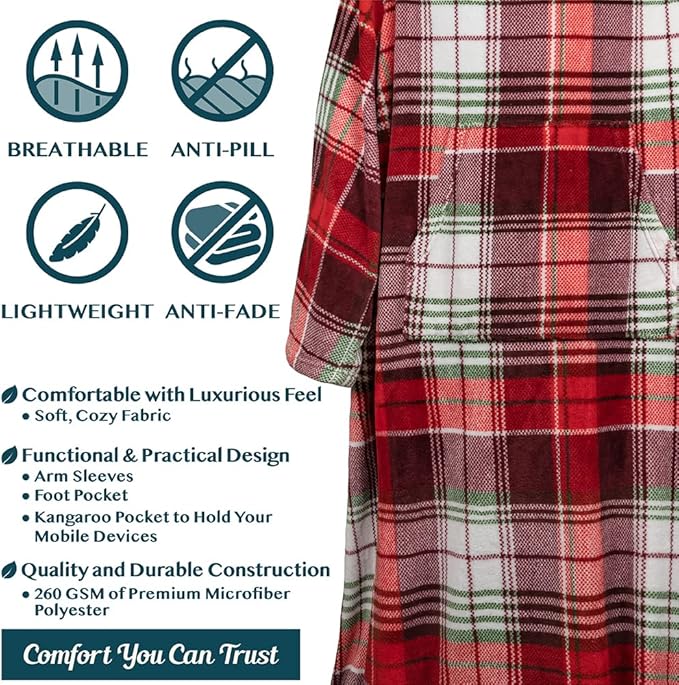PAVILIA Fleece Blanket with Sleeves, Foot Pockets for Women Men Adults, Plush Wearable Blanket Throw Wrap, Warm Snuggle Blanket Robe, Cozy Gift Ideas Wife Mom, Christmas Plaid