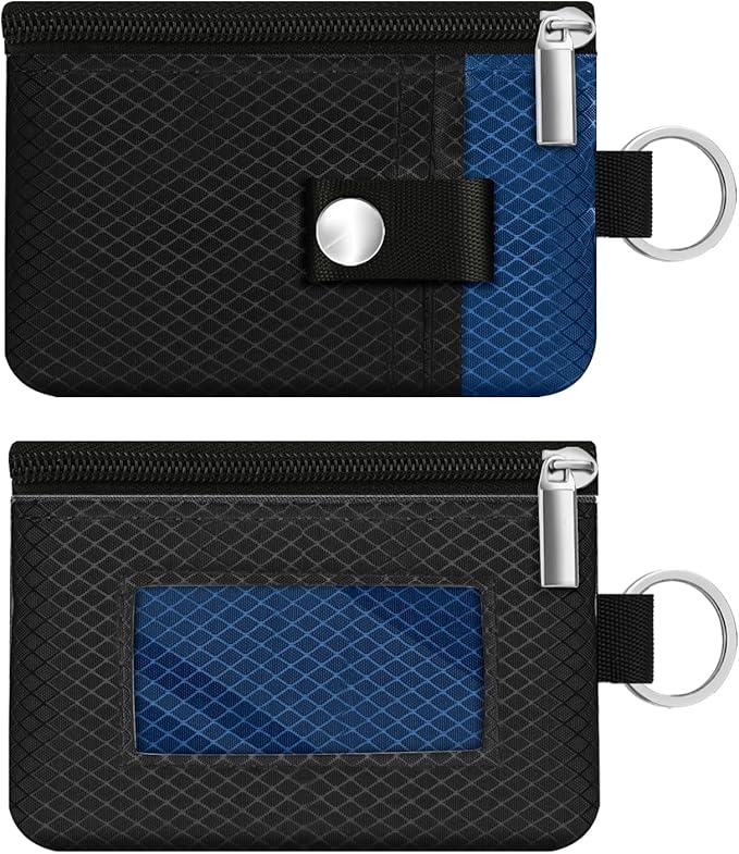 Minimalist RFID Blocking Small Wallet with ID Window,WaterResistant Zip Id Case Wallet with Lanyard Keychain for Cards,Cash,Travel,Women,Men (Black/Electric Blue)