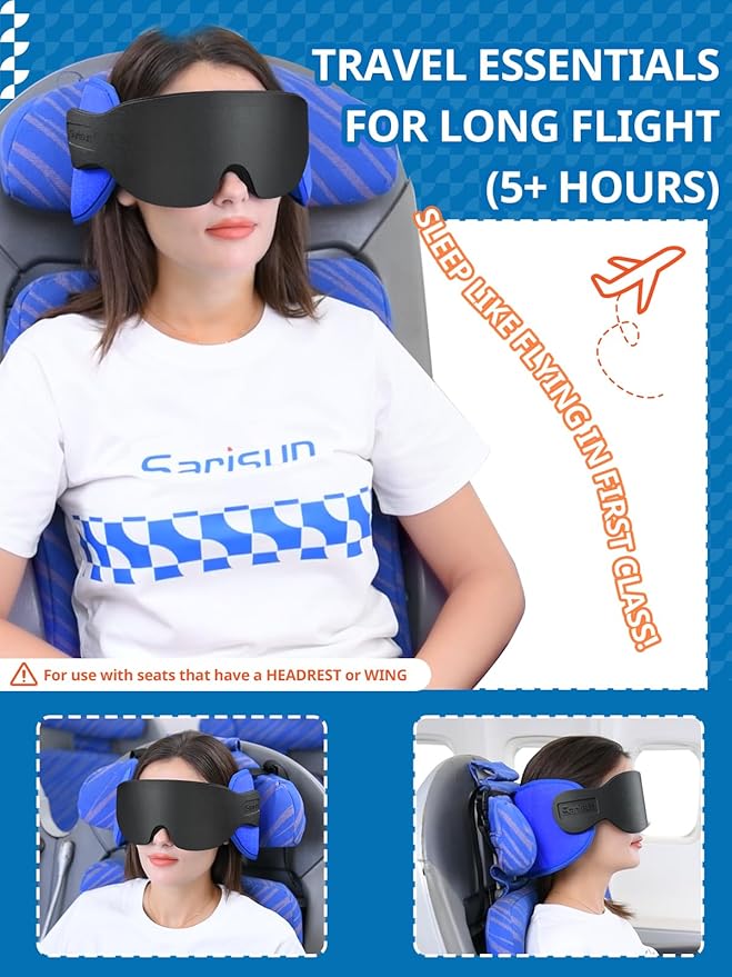 SARISUN Travel Pillows for Airplanes, Airplane Pillow with Eye Mask for Long Flight, Airplane Head Strap for Sleeping, 360° Support Headrest for Car Trip, Stop Bobblehead Travel Essential, Dark Brown