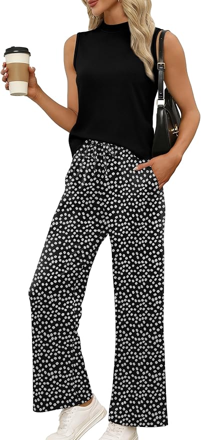 WIHOLL Two Piece Set for Women Summer Spring Outfits Cruise Travel Airport Beach Vacation Mock Neck Wide Leg Pants Set