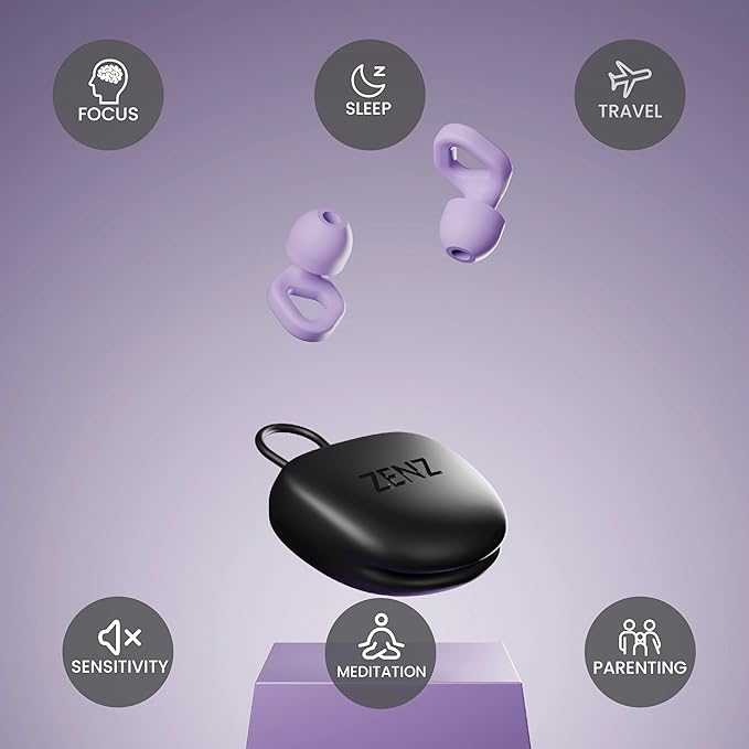 Zenz Unwind Ear Plugs for Sleeping Noise Reduction – Soft Silicone Reusable Earplugs for Sleep, Focus & Work – 28dB Noise Reduction with Storage Case – XS/S/M/L Eartips (Nebula Purple, One Size)