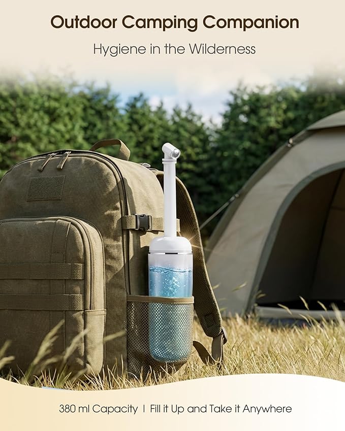 Portable Bidet for Travel & Camping - Manual Squeeze Handheld Peri Bottle for Feminine Hygiene, 3 Leak-Proof Seals, Extendable Sprayer with Rotating Nozzle for Men & Women (White, General)