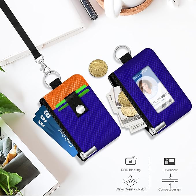 Minimalist RFID Blocking Small Wallet with ID Window,WaterResistant Zip Id Case Wallet with Lanyard Keychain for Cards,Cash,Travel,Women,Men (Sapphire Blue/Orange)