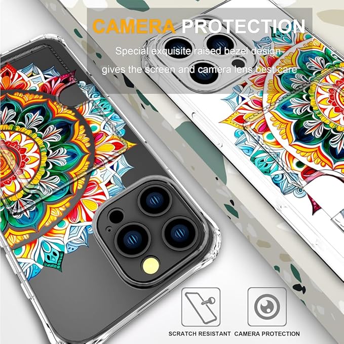 Compatible with iPhone 16 Pro Case Card Holder for Women Cute Design,Wallet Phone Cases Transparent Cool Kawaii Protective (Clear Mandala Henna Flower)