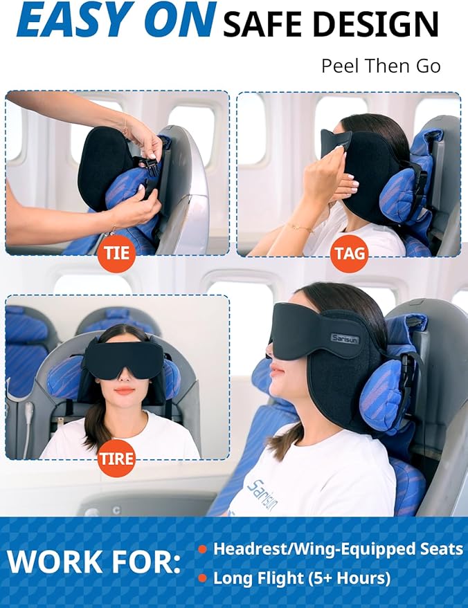 SARISUN Upgraded Travel Pillow, Airplane Head Strap for All Heights, 360° Head Support, Airplane Pillow with 3D Sleep Mask, Light Blocking, Long Flights Essentials Headrest, Stop Bobblehead, Red