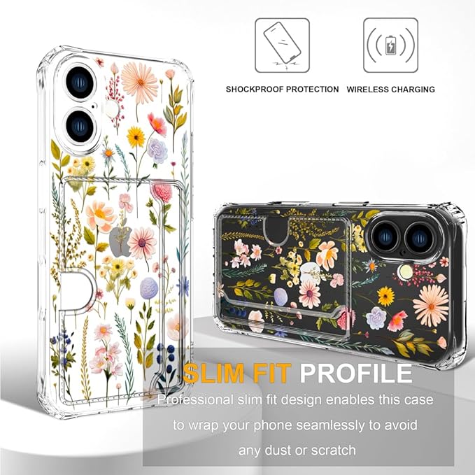 Compatible with iPhone 16 Plus Case Card Holder for Women Cute Design,Wallet Phone Cases Transparent Cool Kawaii Protective (Clear Watercolor Floral)