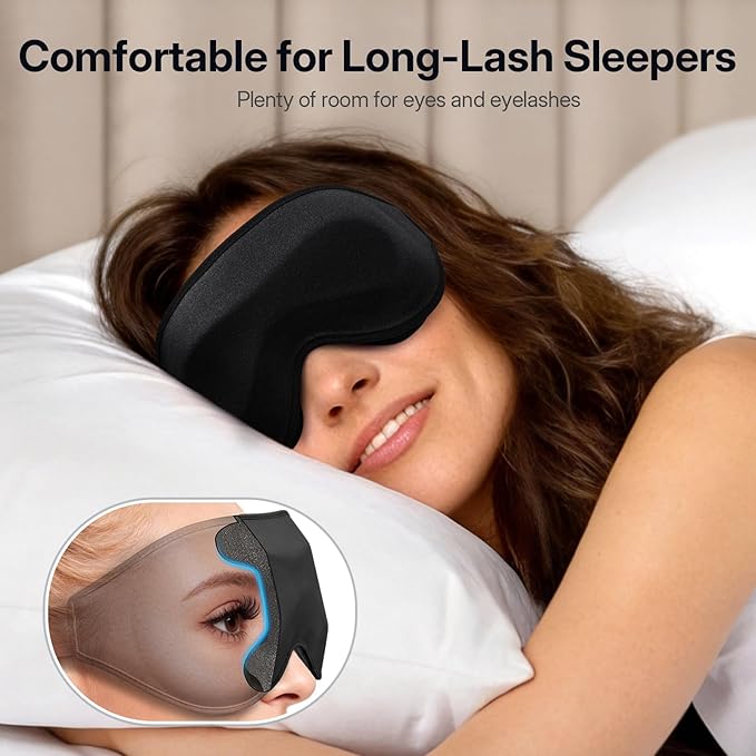 LitBear Long Lash Sleep Mask for Women Men Side Sleeper, 3D Contoured Light Blocking Sleeping Mask, Soft Comfortable Eye Mask Sleep with Adjustable Strap, Pouch for Travel, Black