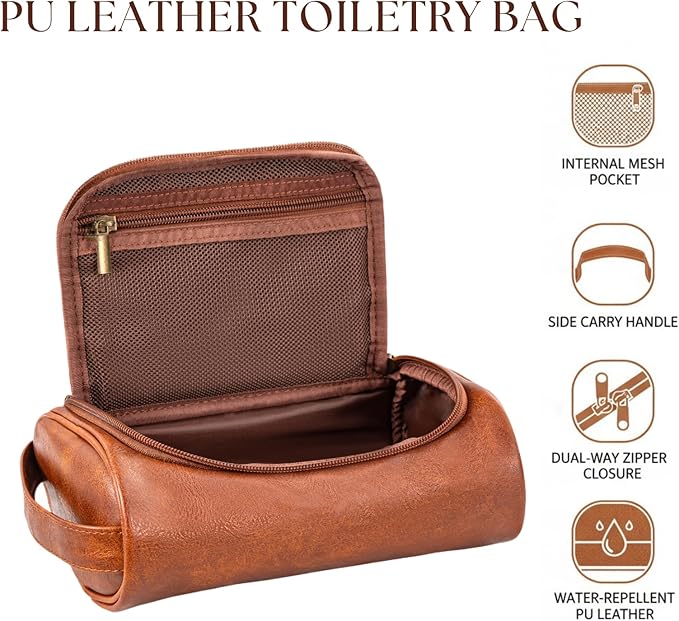Mens Toiletry Bag, Compact Dopp Kit for Men Travel, PU Leather Shaving Kit, Water-Resistant Minimalist Organizer with Wrist Strap, Travel Toiletry Bag, Gift for Men,Small 9X5.9X3 Inch Brown